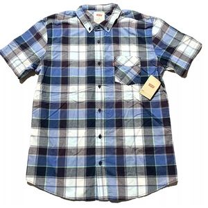 Levi's Men's Riverside Cameron Button Front Shirt Blu & White Plaid Short Sleeve